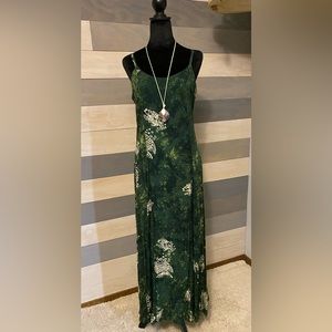 Summer dress, spaghetti straps. Shades of green, white fish. 100% rayon. M